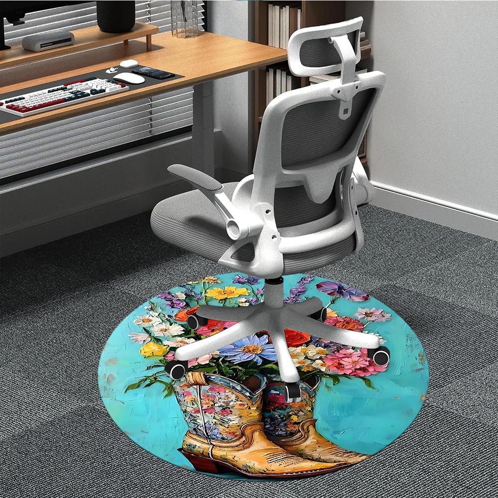 

1pc Oil Painting Boot Flower Office Round Area Rug, Indoor Mat Suitable ForOffice, Under Office Chairs Bedroom Living Room Home Decor, Room Deco t282 80cm by 80cm