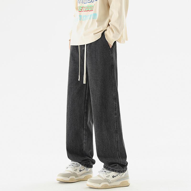 

Весенние новые джинсы мужские спортивные и повседневные брюки в гонконгском стиле мужские прямые однотонные свободные молодежные брюки мужская мода XXXL черный серый