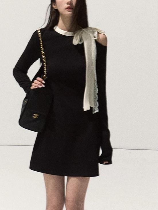 OAKMOO Lyocell Lace Bow Slim-Fit Black Long-Sleeve Dress for Autumn/Winter Small