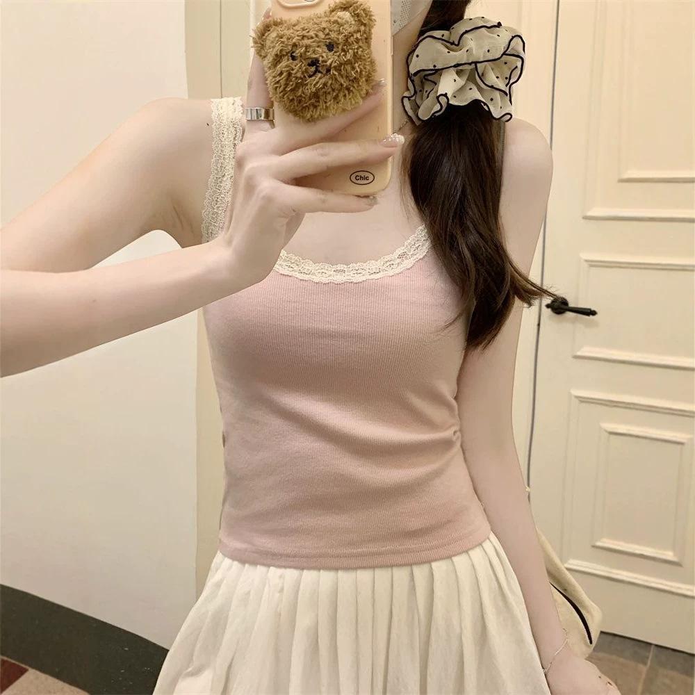U-neck lace small suspender vest women's summer new slim-fit short sleeveless outer wear bottom and inner top