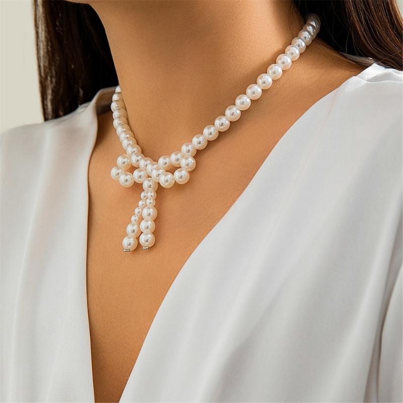 Y2k Bowknot Pearl Necklace for Women Elegant Butterfly Bow Charm Pendant Necklaces Fashion Wedding Party Jewelry Gift