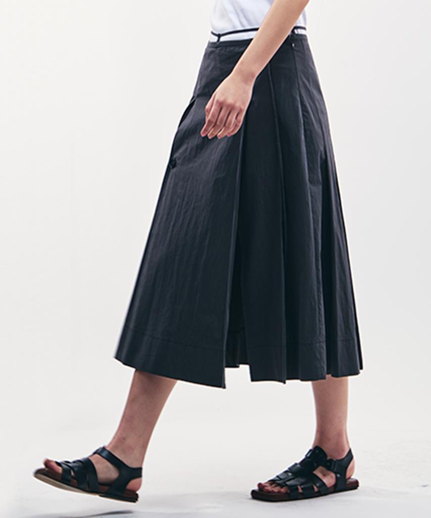 City Breeze Cotton Pleated Belted Long Skirt_Charcoal
