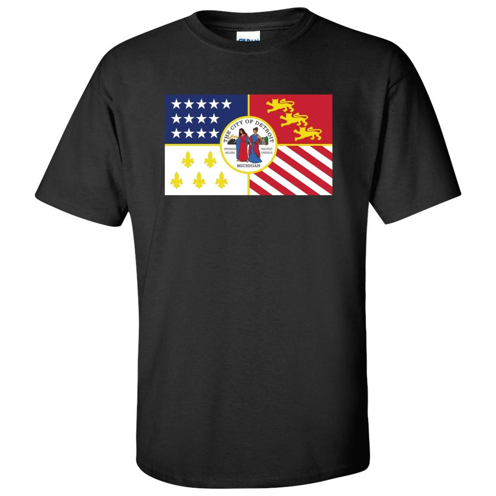 Detroit US City Flag Basic Cotton T-Shirt - Black 4XL