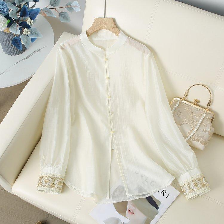 Women s Retro Embroidered Stand Collar Gauze Top - Spring/Summer 3XL (120-135 lbs)