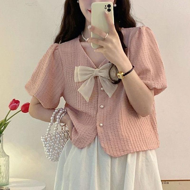 Korean Sweet V-Neck Bow Shirt Women's Clothing Elegant Single-breasted Summer Solid Color Casual Basic Short Sleeve Loose Blouse