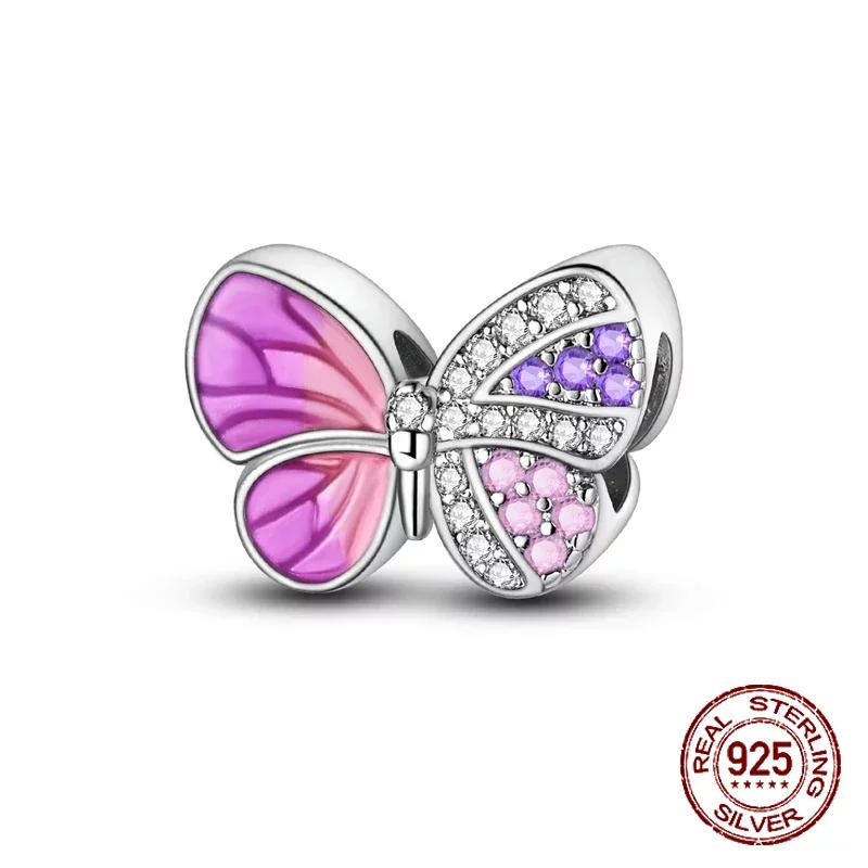 925 Sterling Silber Lila Perlen Blume Schmetterling Hänge Charm Passend 4MM Lochdurchmesser Armband Halskette 925 Schmuck Geschenkherstellung