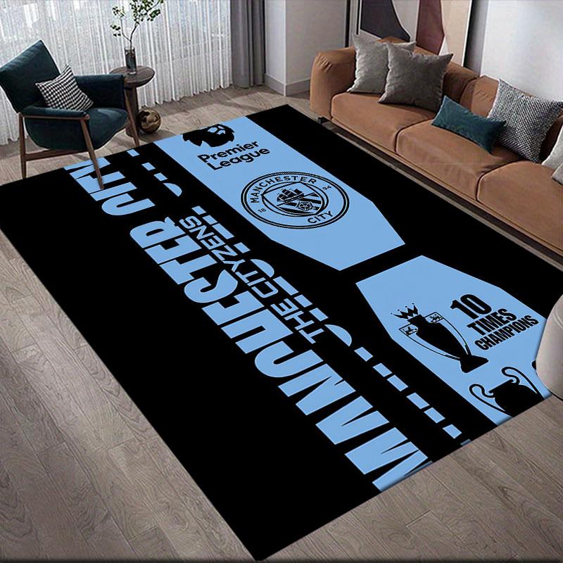Manchester City Flannel Printed Carpet, Home Sofa Decoration for Living Room & Bedroom, Non‑Slip Play Flannel Floor Mat for Game Room