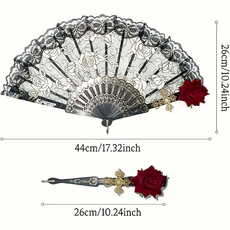 Vintage španělský skládací vějíř s růžovou krajkou - Elegantní černý kapesní vějíř, Ideální na večírky a svatby, Perfektní pro dekoraci pokoje
