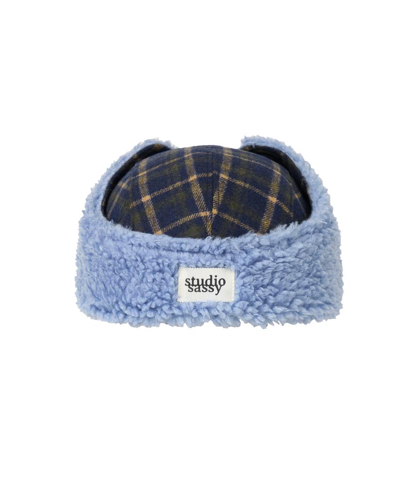 Yueolssesi Fuzzy Bunny Check Trapper Hat (Blue)