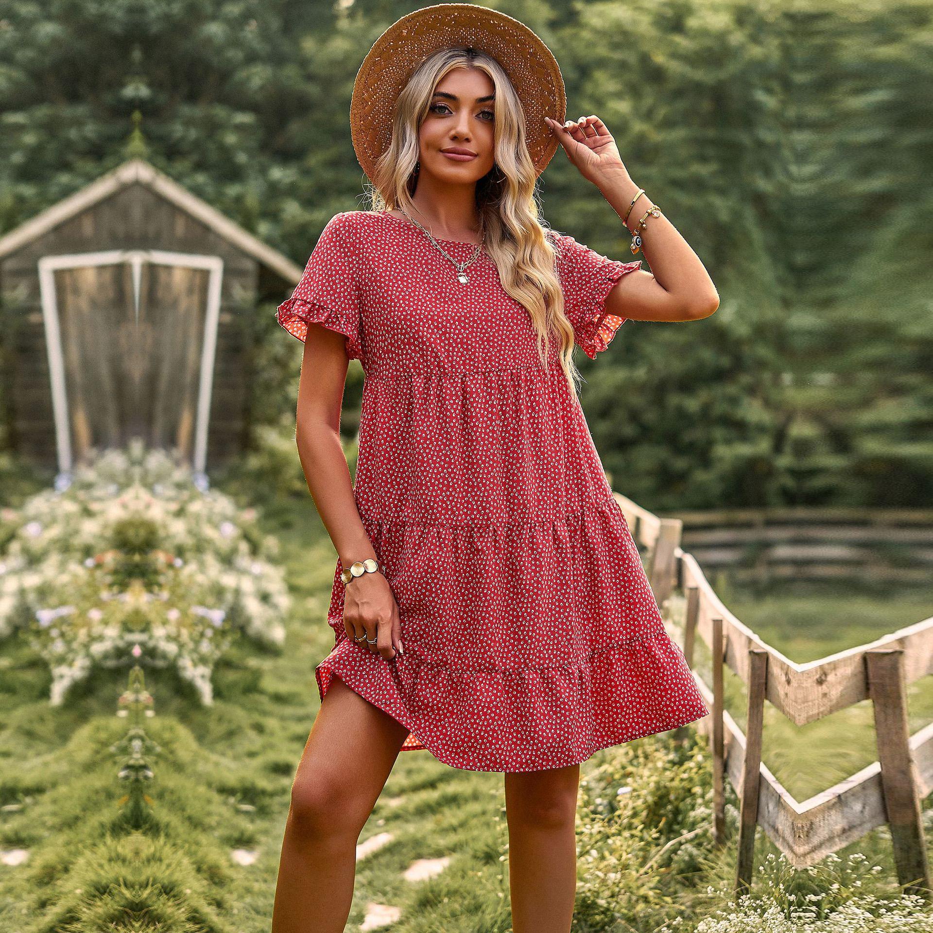 Весенне-летнее платье с круглым вырезом и коротким рукавом с пасторальным принтом — фото 4