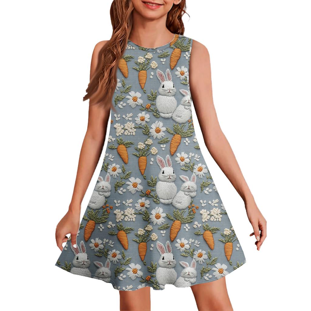 Ärmelloses Sommerkleid für Mädchen mit Aufdruck in Farbe, legeres Kleid
