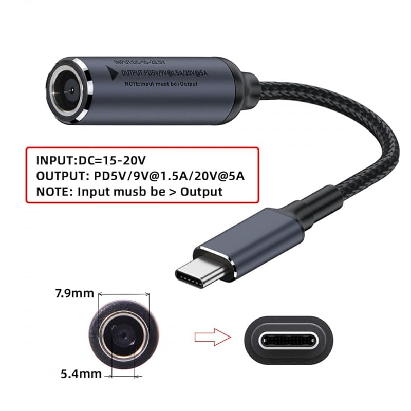 Cavo CY, jack DC 7,9X5,4 mm, ingresso USB-C, alimentatore di tipo C, cavo di ricarica da 100 W, computer portatile, telefono, PD9V 5V 20V