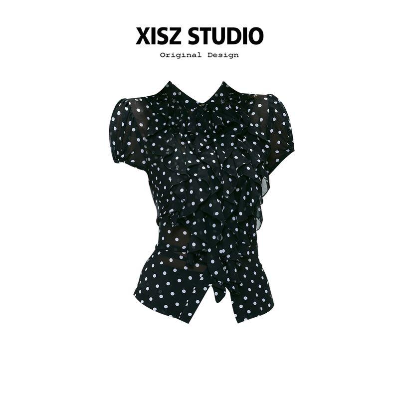 

Retro Western Style Black Polka Dot Short sleeve Shirts Women Summer New Style Fungus Lace Slim fit Slimming Temperament Top Fashion Black S