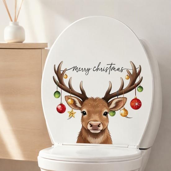 Festive Window Clings Christmas Elk Toilet Seat Cover Sticker, Cartoon Reindeer Lid Durable Waterproof Decals Decal, Self-Adhesive