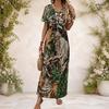 Women Plus Size V Neck Short Sleeve Polka Dot Printed White Black Straight Maxi Dress