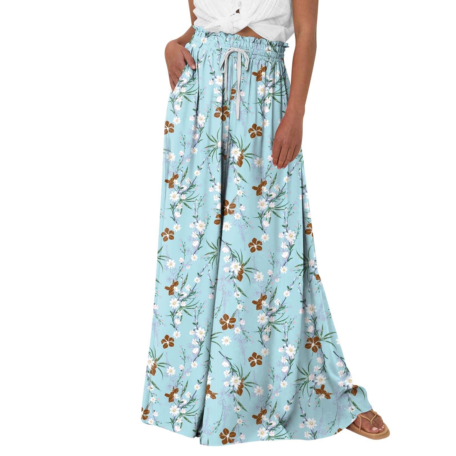 

Женские брюки-палаццо с цветочным принтом в стиле бохо, широкие брюки, летние пляжные струящиеся брюки с высокой талией и карманами M синий