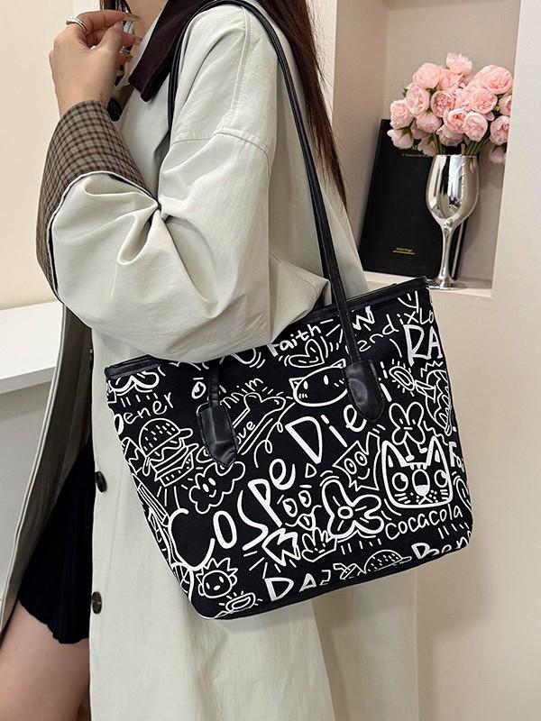 Graffiti Płócienna Torba na Ramię - Damska 2025 Casualowa, Uniwersalna, Duża Pojemność dla Studentów i Osób Dojeżdżających