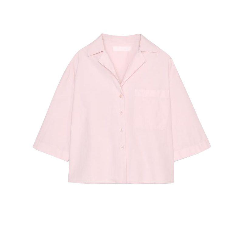 Cotton Blend Short Sleeve Lapel Short Shirts 2183062 Mid Waist Simple Wide Leg Casual Trousers 2183063