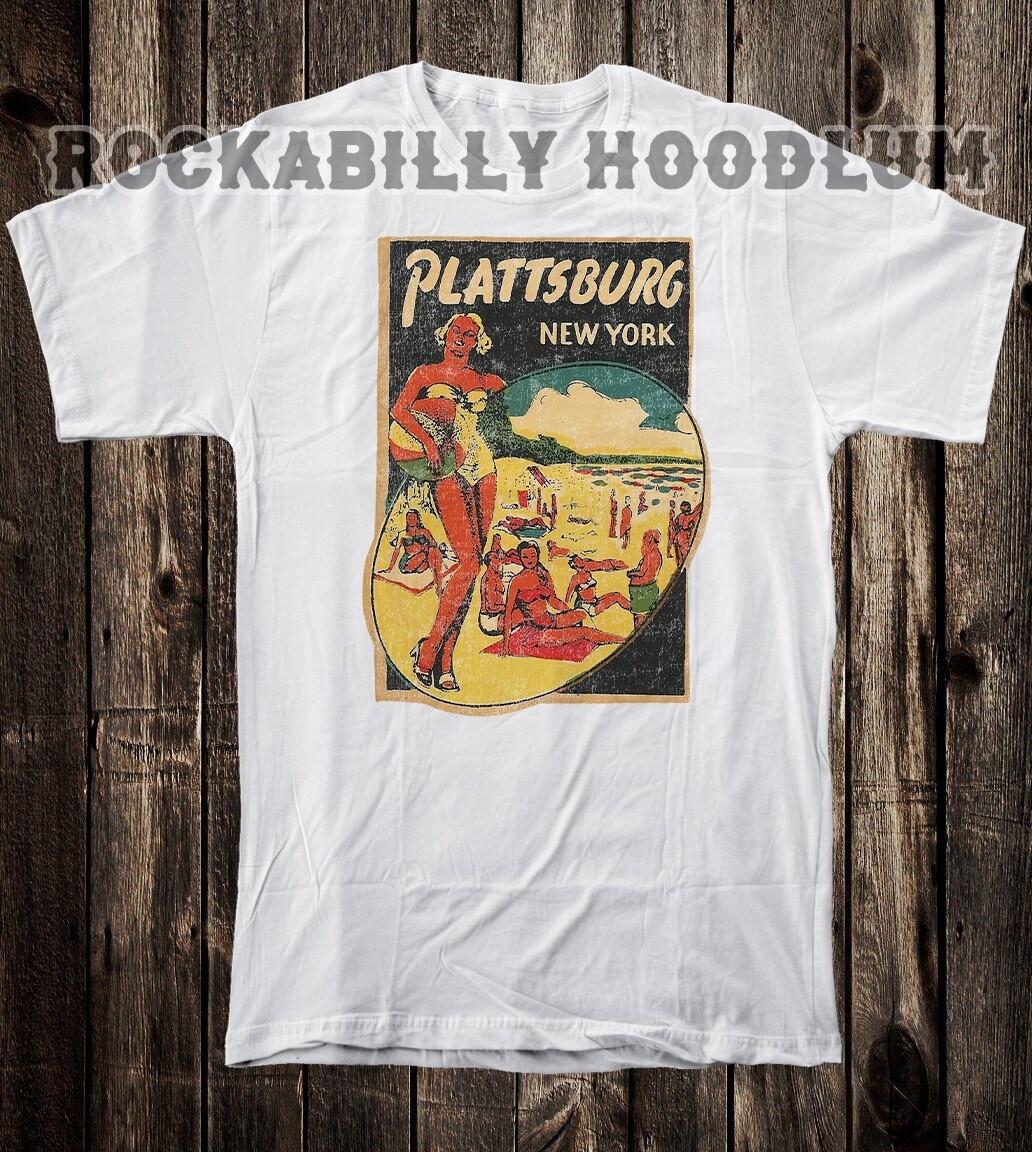 Retro Travel Tee T Shirt Pinup Girl Ny New York State Plattsburg S