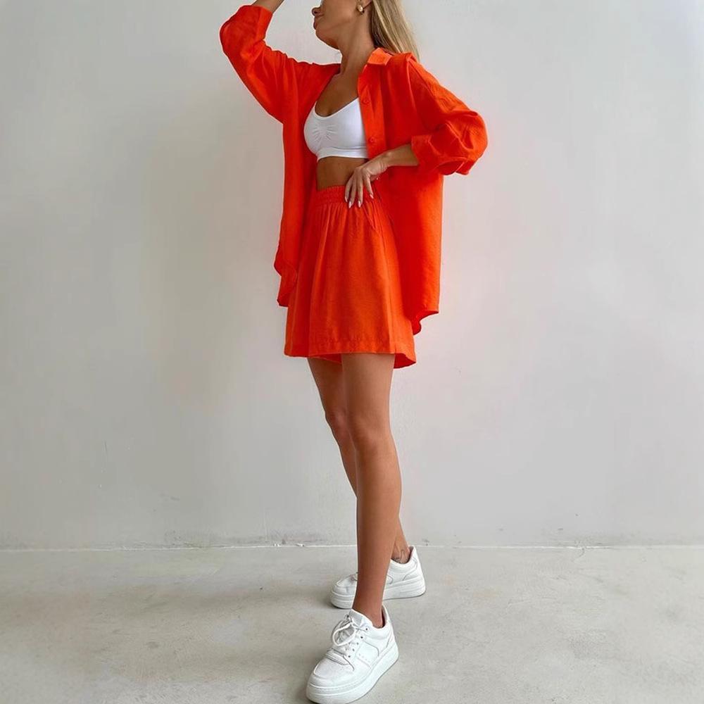 Plus Size Women’s Long Sleeve Shirt & Shorts Two-Piece Set