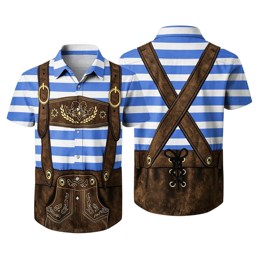Men's Short Sleeve Button Up Shirt Casual Loose Fit Festival Party Shirt with Vintage Beer Elements Print and Faux Lederhosen Design
