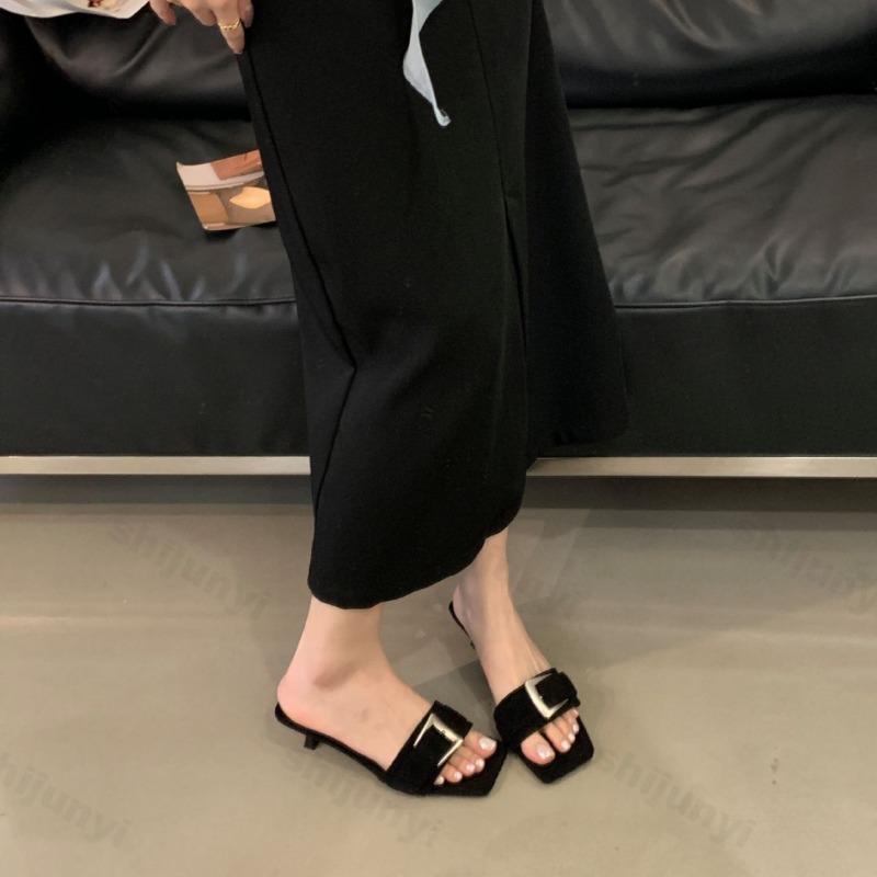 Fashion Belt Buckle Designed Open Toes Square Head Fashion Slipper for Women 2025 Summer Elegant Outdoor Comfortable High-heeled Sandals
