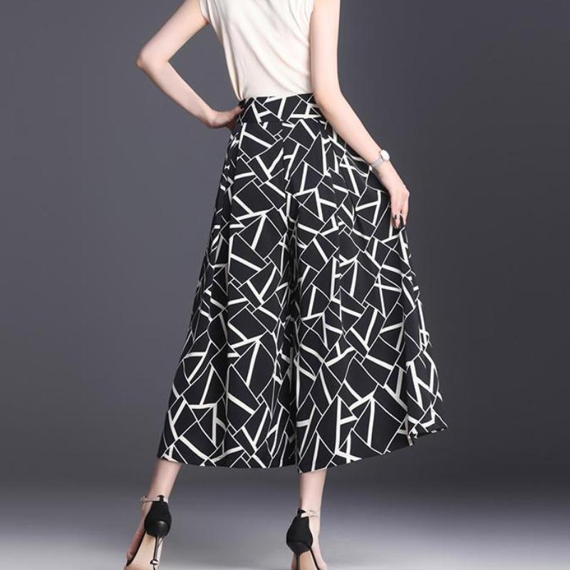 Sommer Bedruckte Weitbein-Hosenrock für Damen Chiffon 7/10 Länge Blumendruck Locker Culottes