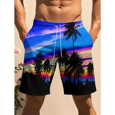 Men's Beach Shorts with Coconut Tree Digital Pattern, Drawstring Waistband, Regular Style