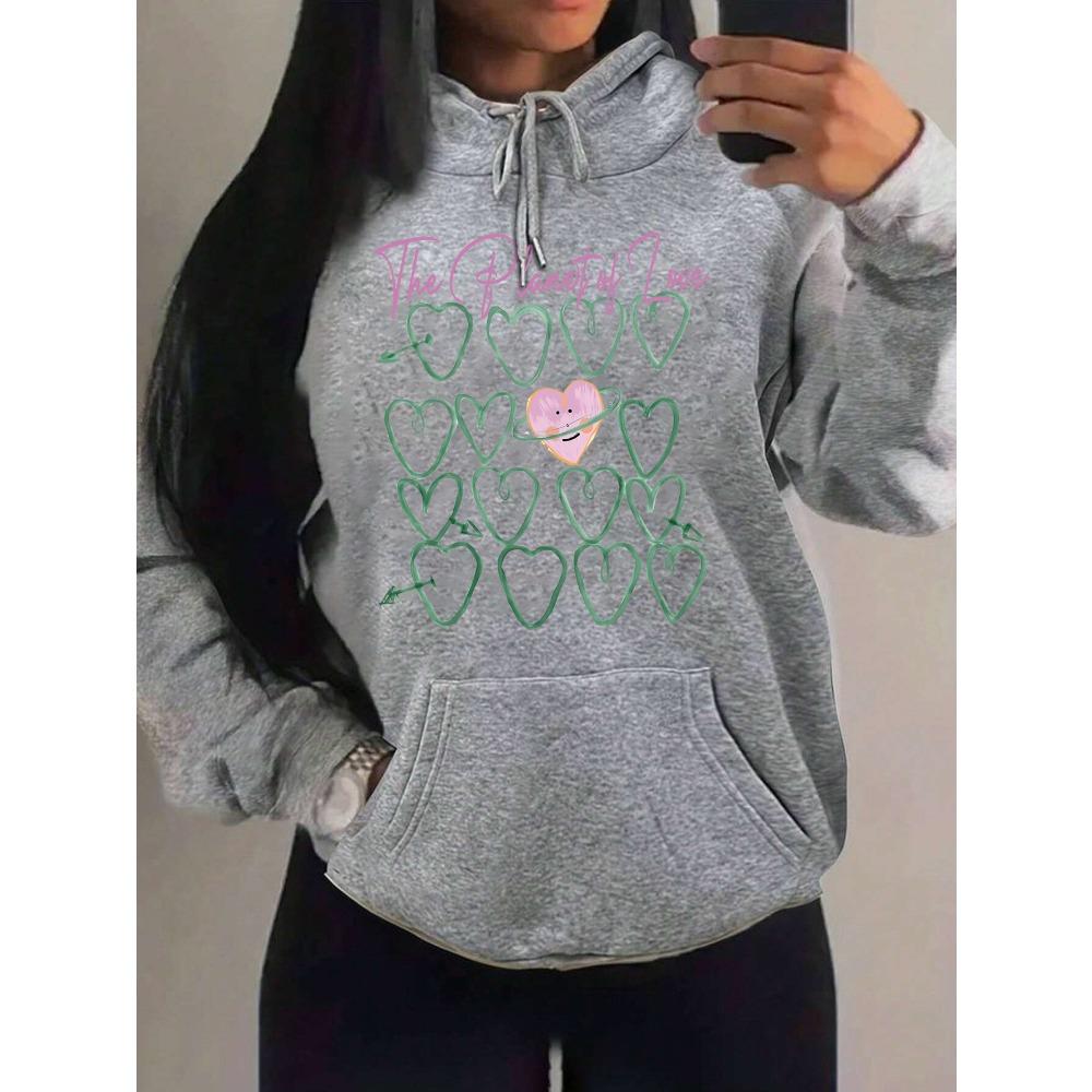 Der Planet der Liebe Kreatives Herz Bedruckter Damen Hoodie Street Pocket Y2K Streetwear Fleece Kapuzenpullover Lässig Mehrfarbig Pullover
