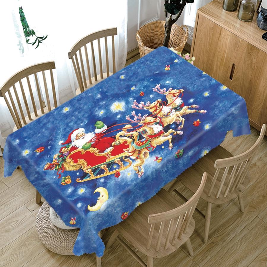 Thicken Cotton Tablecloth Blue Background Santa Claus Snow Pattern Rectangular Round Table Cloth For Wedding Picnic Party