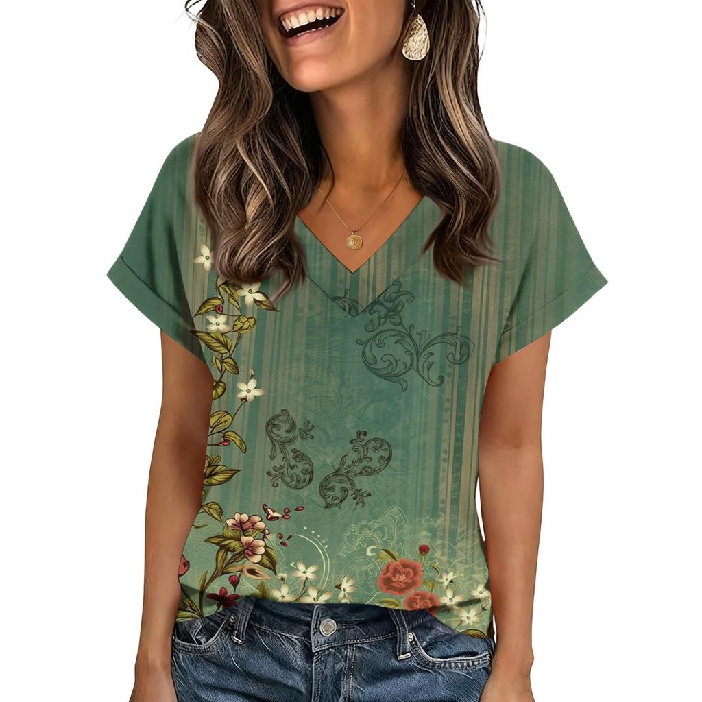 Damen Sommer Oberteile Kurzarm V-Ausschnitt Hemden Lässig Elegant Sommer Blusen Tunika Top