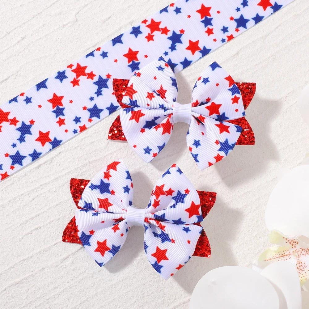2pcs/set Independence Day Hair Bows Clips for Women Girls Glitter Star Ribbon Bowknot Hairpin American Flag Hair Accessories