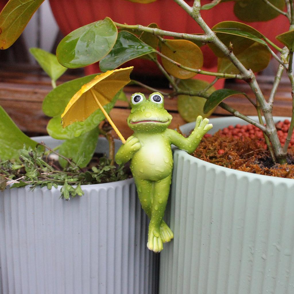 2Psc Flower Pot Edge Hanging Decoration Cute Umbrella Frog Figurine Outdoor Garden Gardening Bonsai Cartoon Animal Ornaments