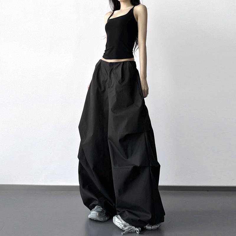 2026 Women's Gray High-Waisted Wide-Leg Parachute Pants: Slimming, Casual, Loose Fit, Straight Leg
