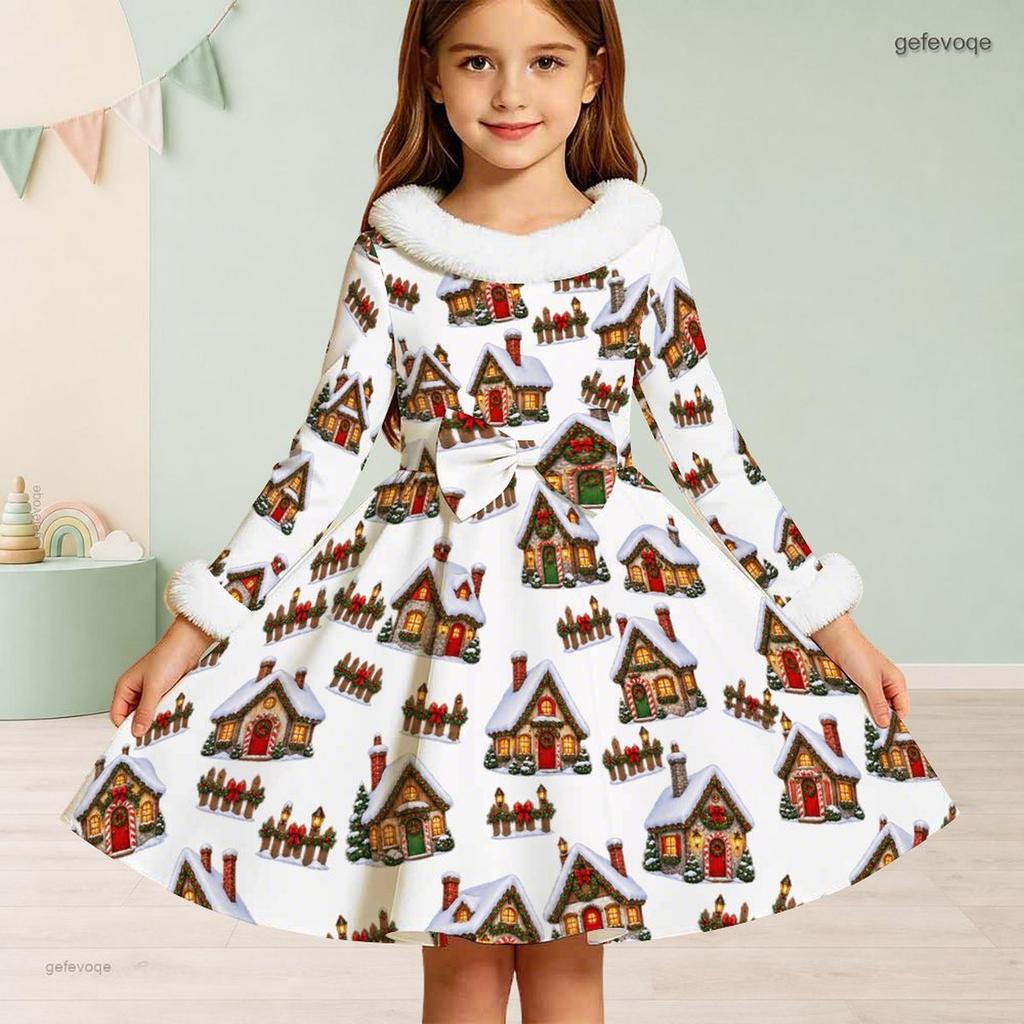 Kids Long Sleeve Christmas Dress, Fall Maple Leaf Print Faux Fur Collar Bow Decor Princess Dresses for Girl Holiday Party Wear