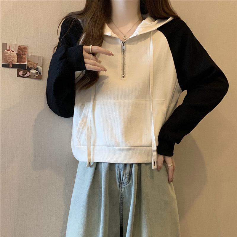 Women's Color Block Raglan Half-Zip Hooded Sweatshirt - Spring/Autumn 2023 Petite Versatile Short Top