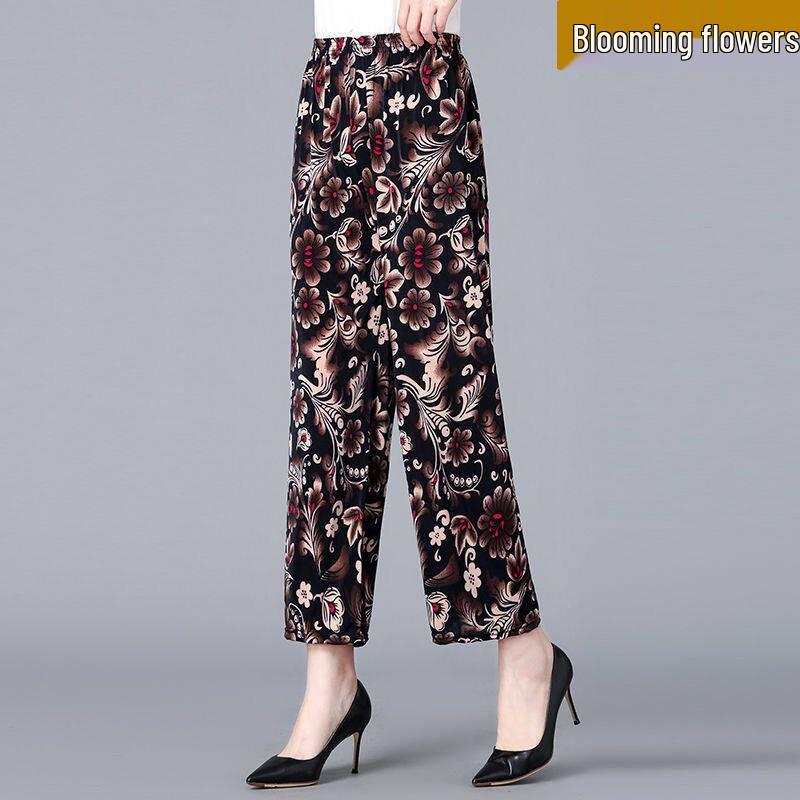 Ice Silk Floral Wide-Leg Pants for Middle-Aged and Elderly Women - Large, Loose, Casual, Straight-Leg Design