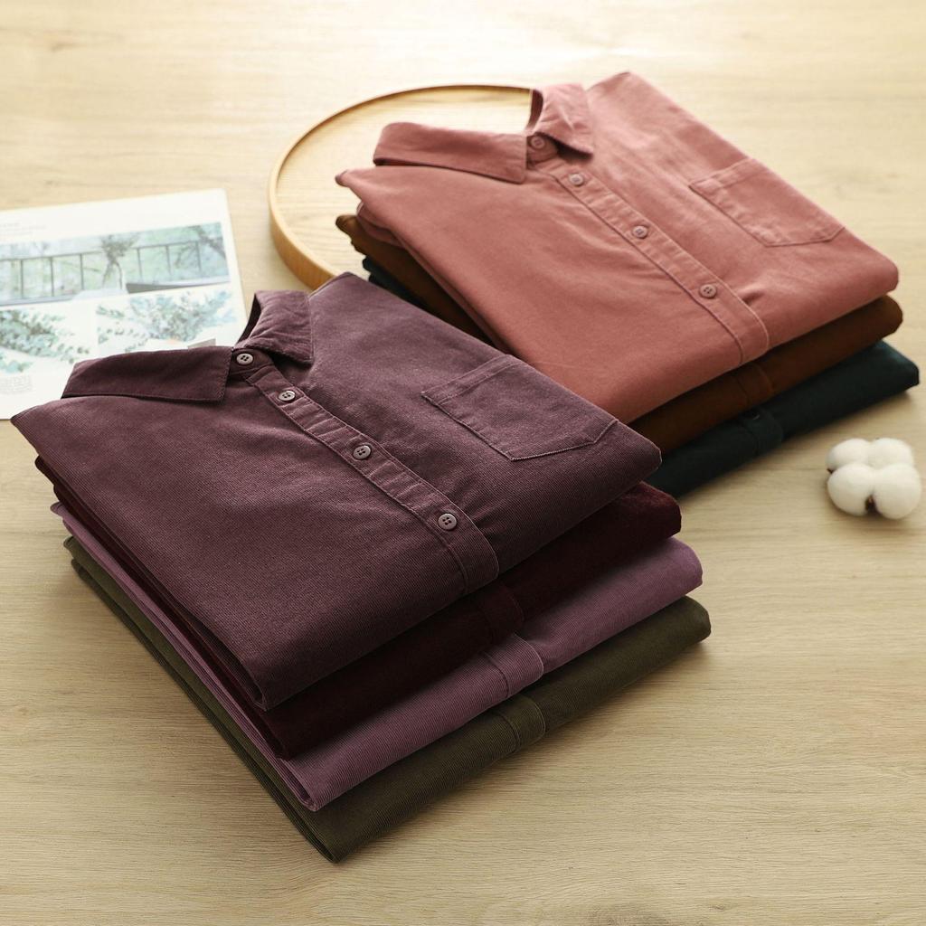 Pure Cotton Corduroy Women's Long Sleeve Shirt - Artistic Casual Style for Spring & Autumn (8372)