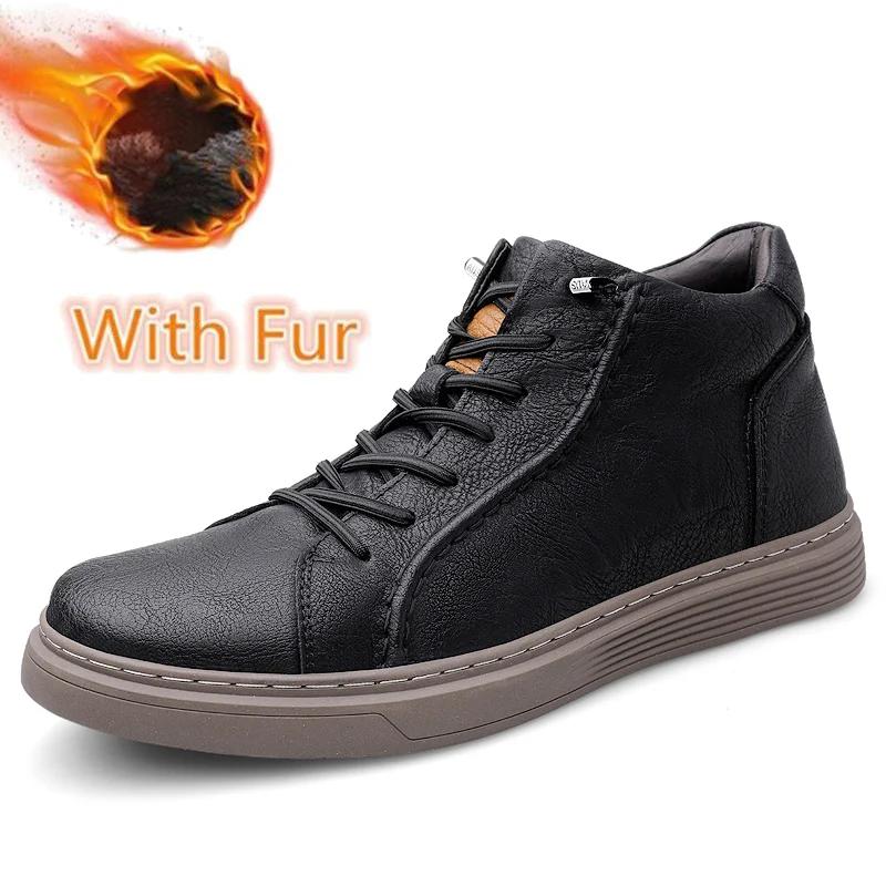Fashion Non-Slip Versatile Men Sneakers Lace Up Genuine Leather Casual Shoes High Top Walking Shoes Warm Winter Man Ankle Boots Trainers
