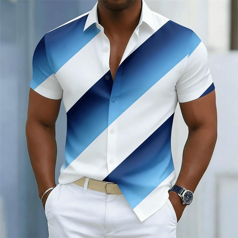 2026 Summer New Men s Blue and White Gradient Striped Short-Sleeve Shirt, European and American Style Loose Casual Versatile Top S