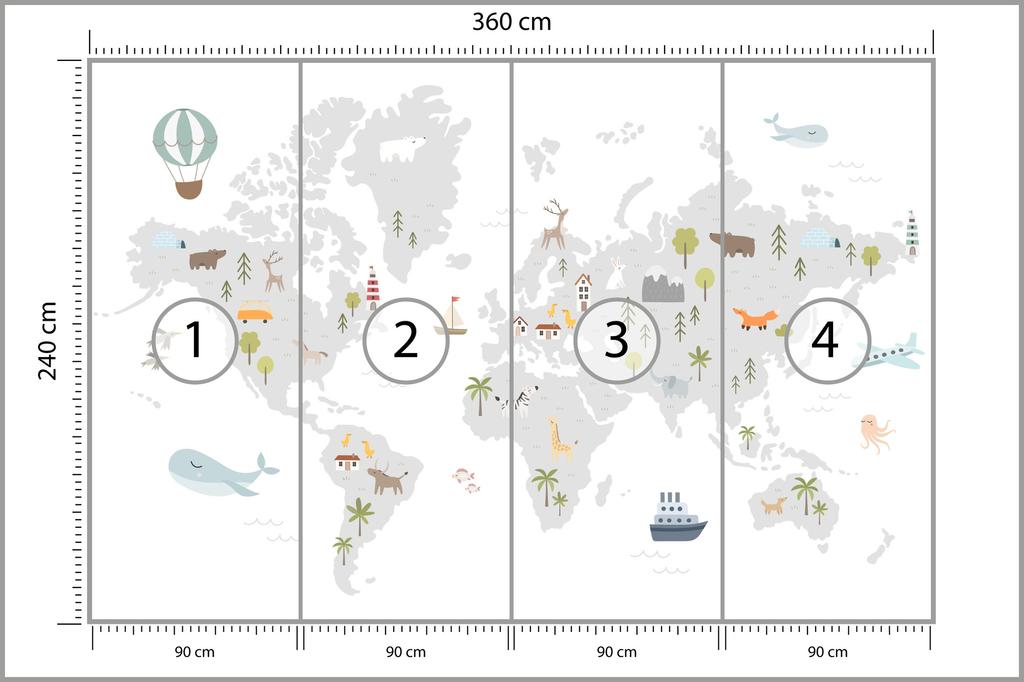 Photomural World Map With Cute Animals In Cartoon Style. Map For Nursery, Kids Room With Nature, Animals, Transports. Skandi Smooth Vinyl 360x240