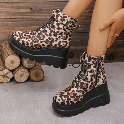 2024 Moda Yeni Leopar Desen Marka Tasarımı Kadın Dolgu Topuk Bilekte Bot Gotik Fermuarlı Kalın Taban Motosiklet Botları Botas Femininas
