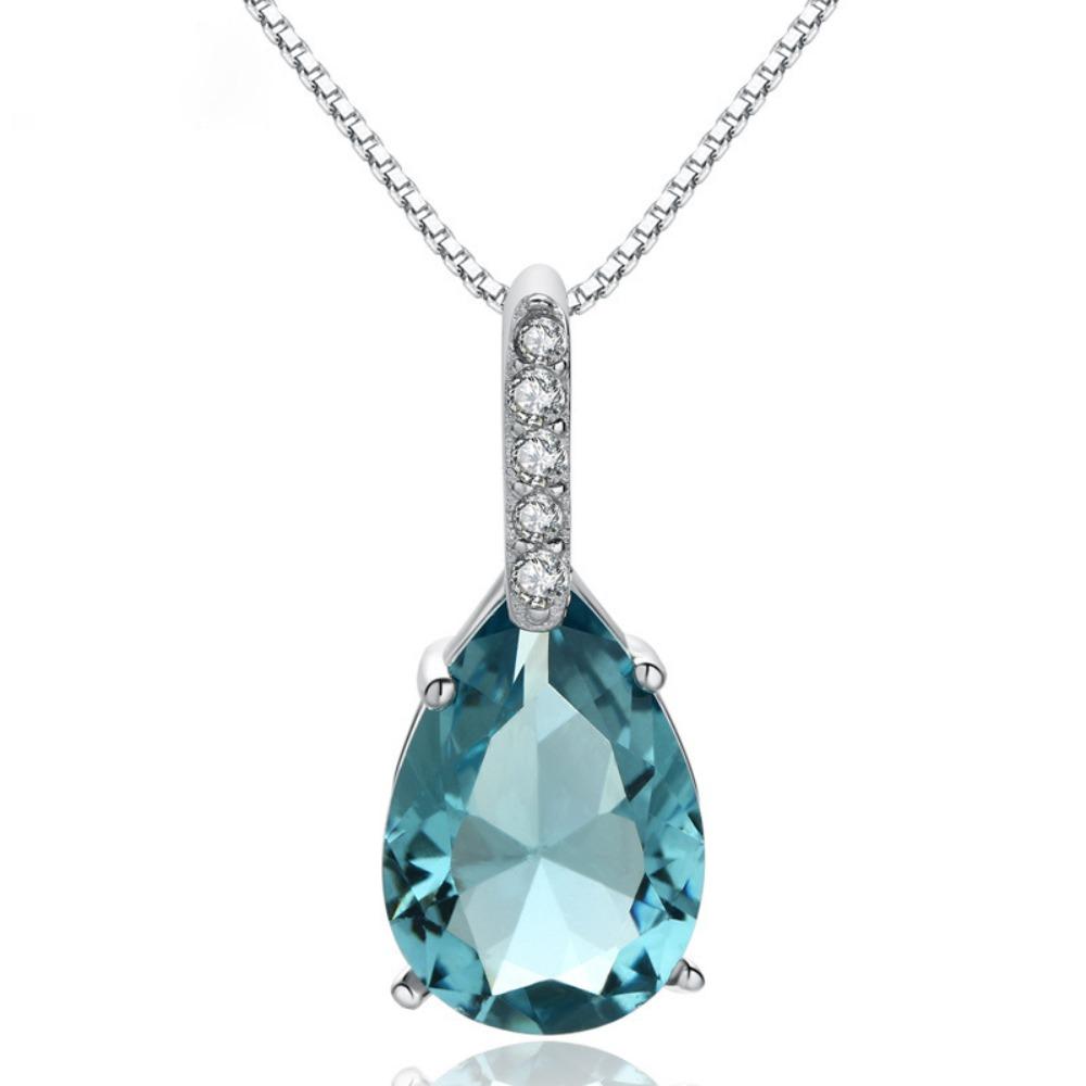 

925 Silver Plated Synthetic Blue Crystal Topaz Pendant Necklace Pear Drop Shape for Women Jewelry