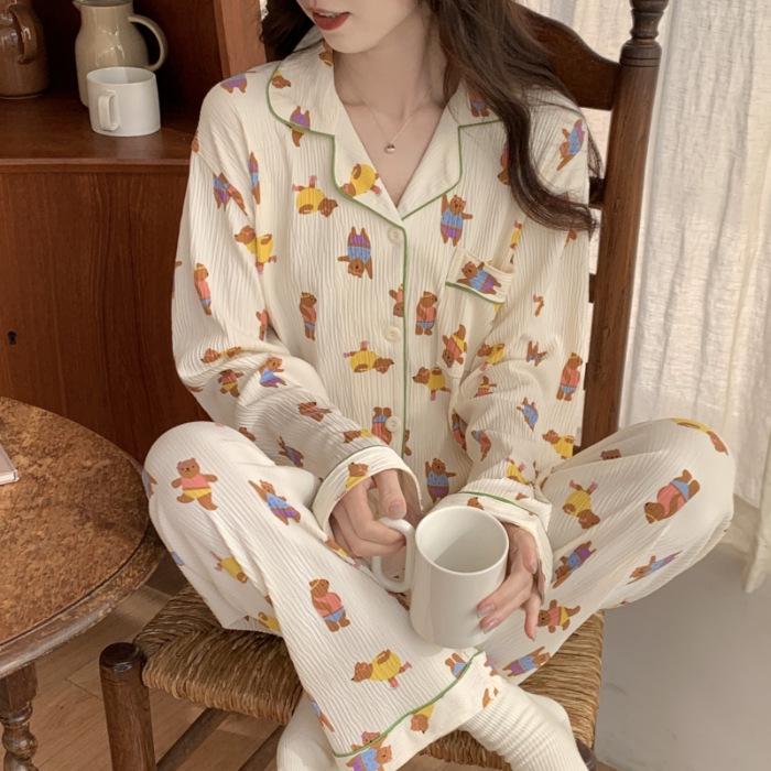 Women's 2024 Spring Polka Dot Pajama Set - Long Sleeve Cardigan and Pants In Casual Wrinkled Fabric