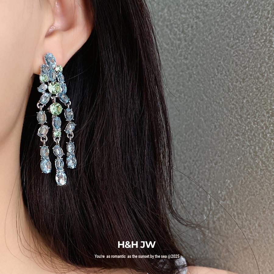 Silver Needle Zircon Oval Fringed Earrings Light Luxury High-end Stud Earrings European and American Personality Trend Exquisite Earrings
