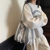 Fashion girly lace sweet wind bucket bag 2025 new large capacity underarm canvas bag plaid shoulder bag