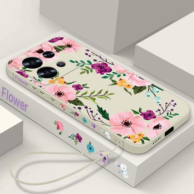 Lanyard TPU Phone Case For Xiaomi Redmi Note 15 14 13 Pro Plus 12 14 Pro 5G Note 13C 13 4G Pink Flower Print Soft Silicone Cover