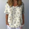 Women T-shirt V-neck Short Sleeve Flower Printed Tee Shirt Loose Fit Dropped Shoulder Sleeve