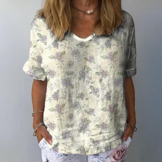 Women T-shirt V-neck Short Sleeve Flower Printed Tee Shirt Loose Fit Dropped Shoulder Sleeve