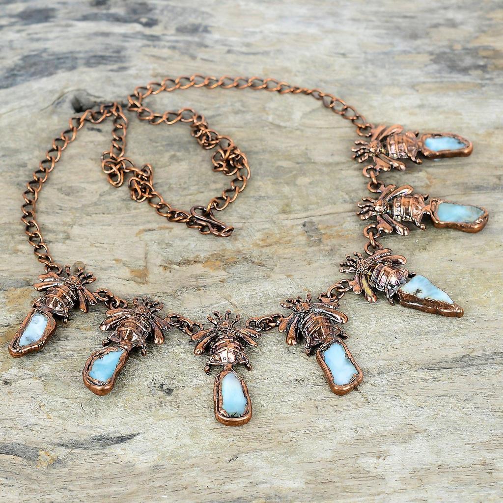Larimar Rough Necklace Electroformed Copper Necklace Adjustable Chain Necklace Honey Bee Gemstone Jewelry Handmade Necklace Gifts for Mother